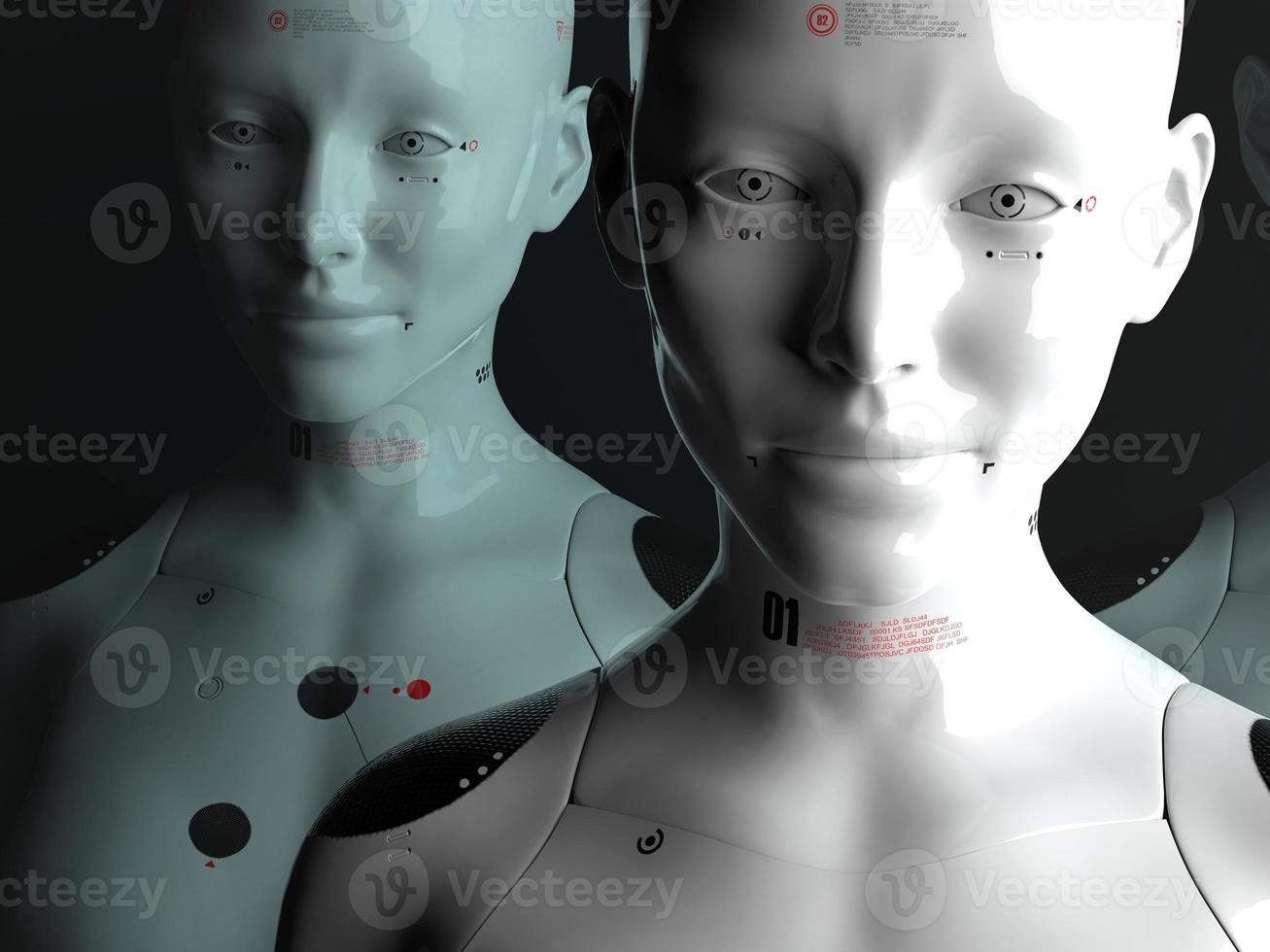 group of robots in female image standing in rows artificial intelligence and robotics concept photo