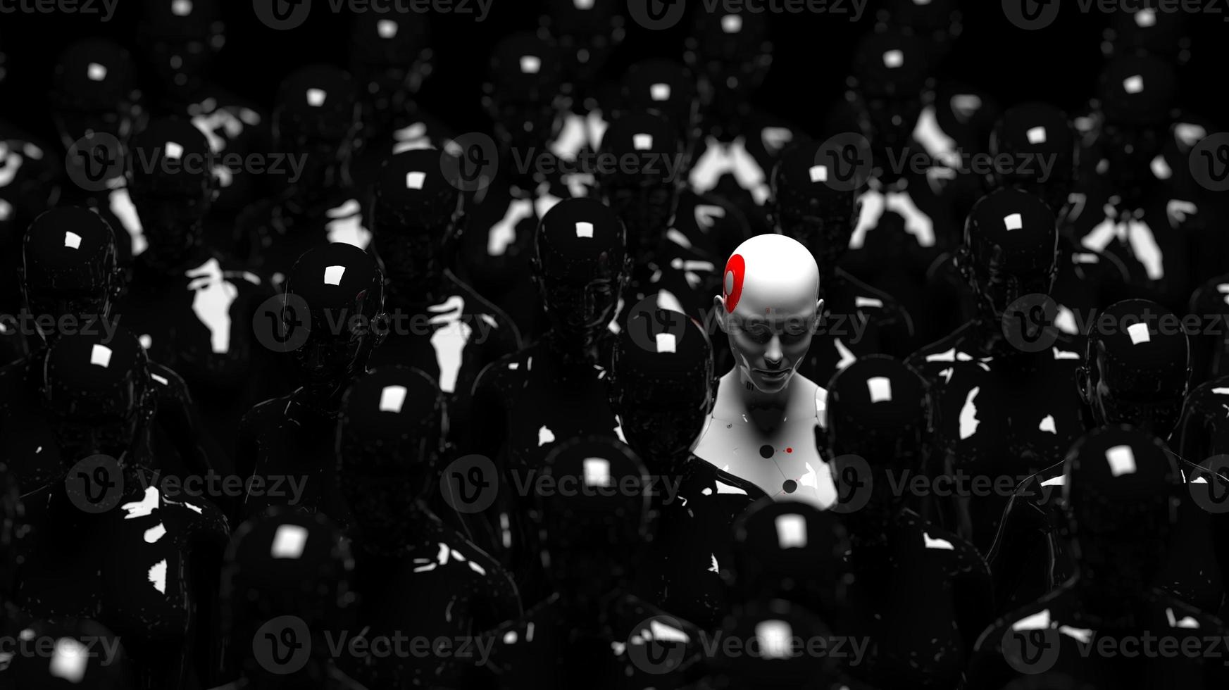 group of robots in female image standing in rows artificial intelligence and robotics concept photo