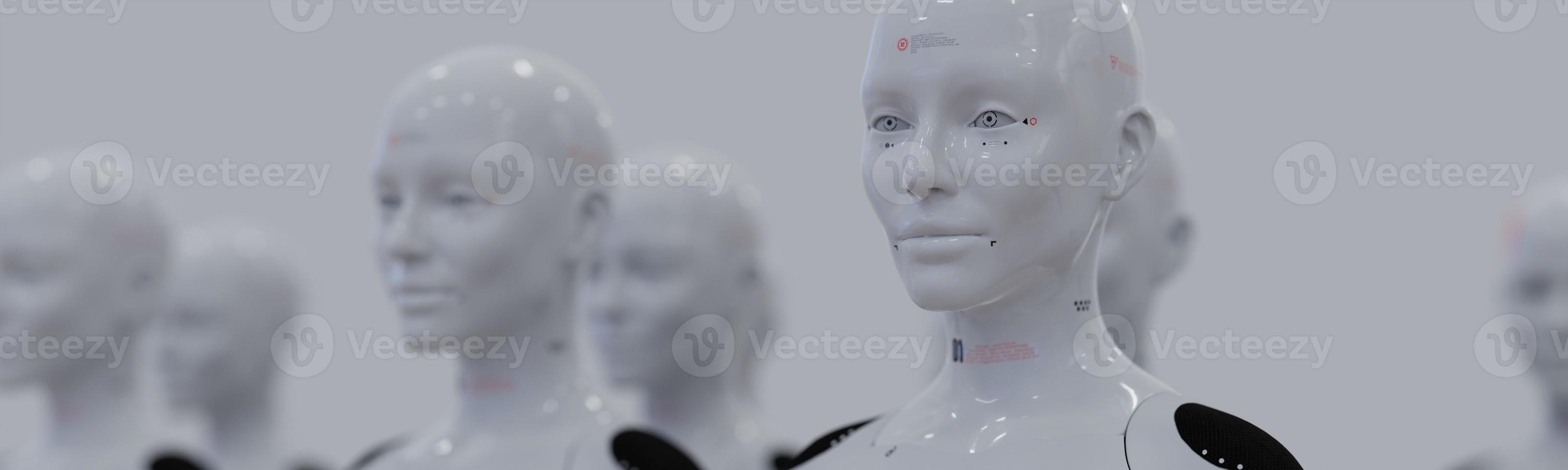 group of robots in female image standing in rows artificial intelligence and robotics concept photo