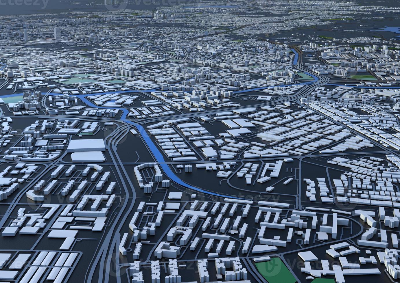 big city in the mountains top view. illustration in casual graphic design. fragments New York 3D render photo