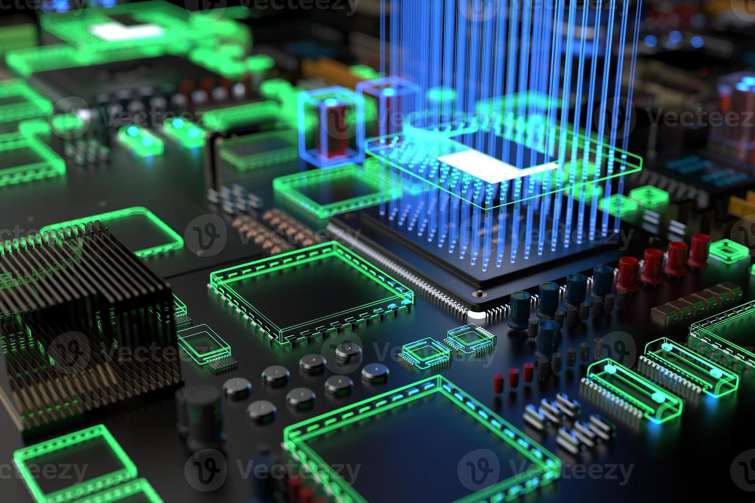 diferentes tipos de computadoras y repuestos. Representación 3D sobre el tema de la informática. foto