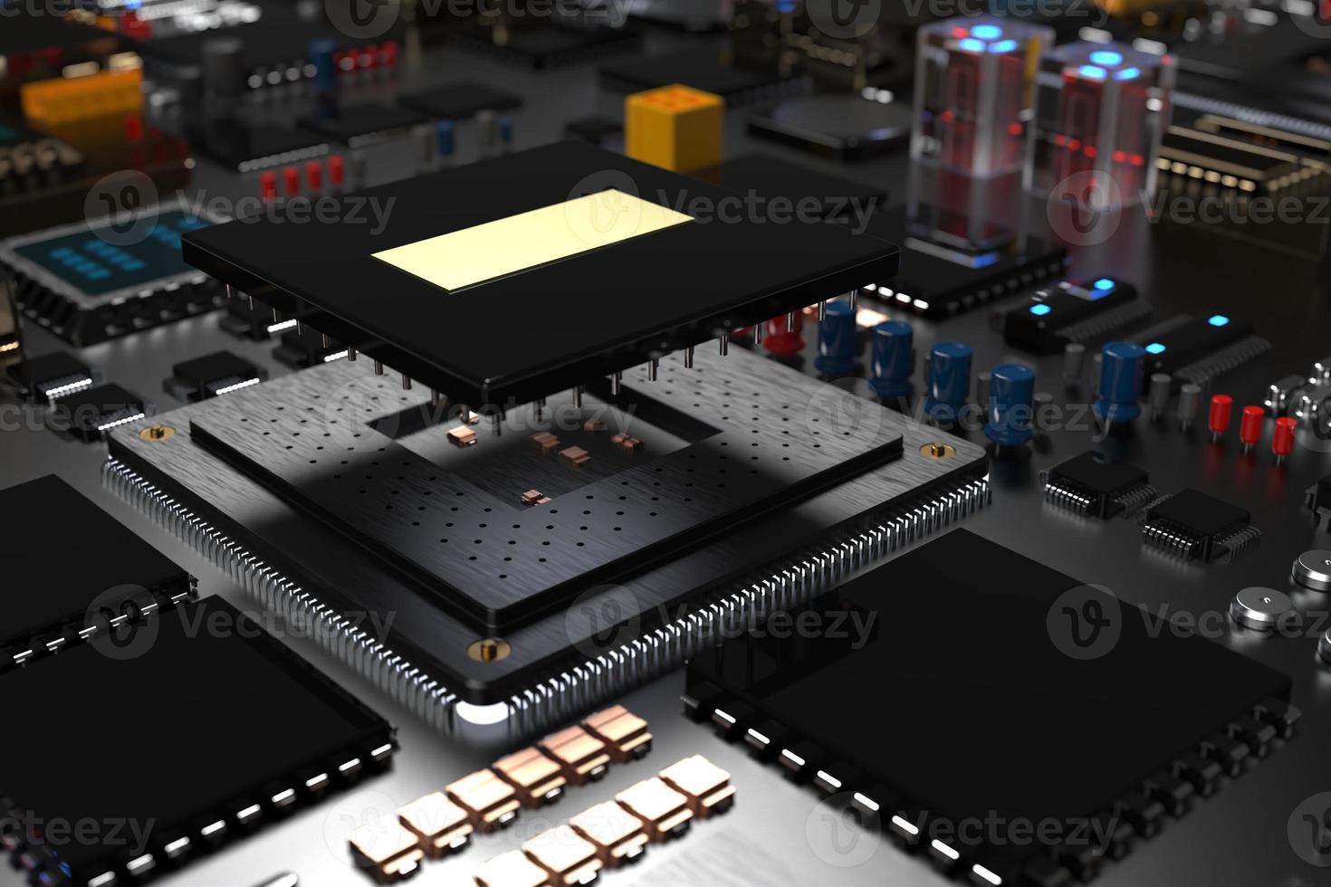 printed circuit board with microchips, processors and other computer parts on a dark background. 3d render photo