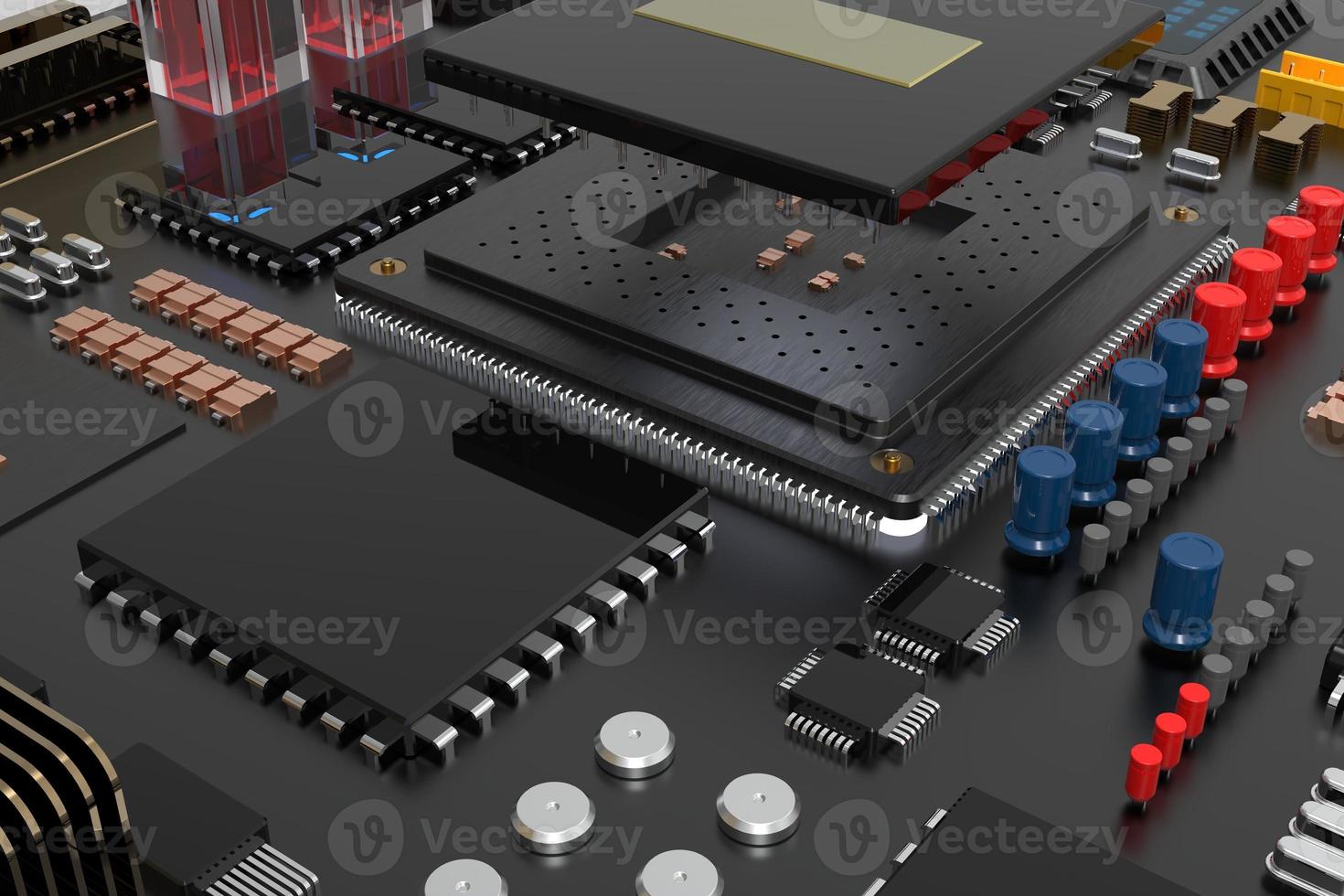 printed circuit board with microchips, processors and other computer parts. 3D render on the topic of technology and large computing power photo