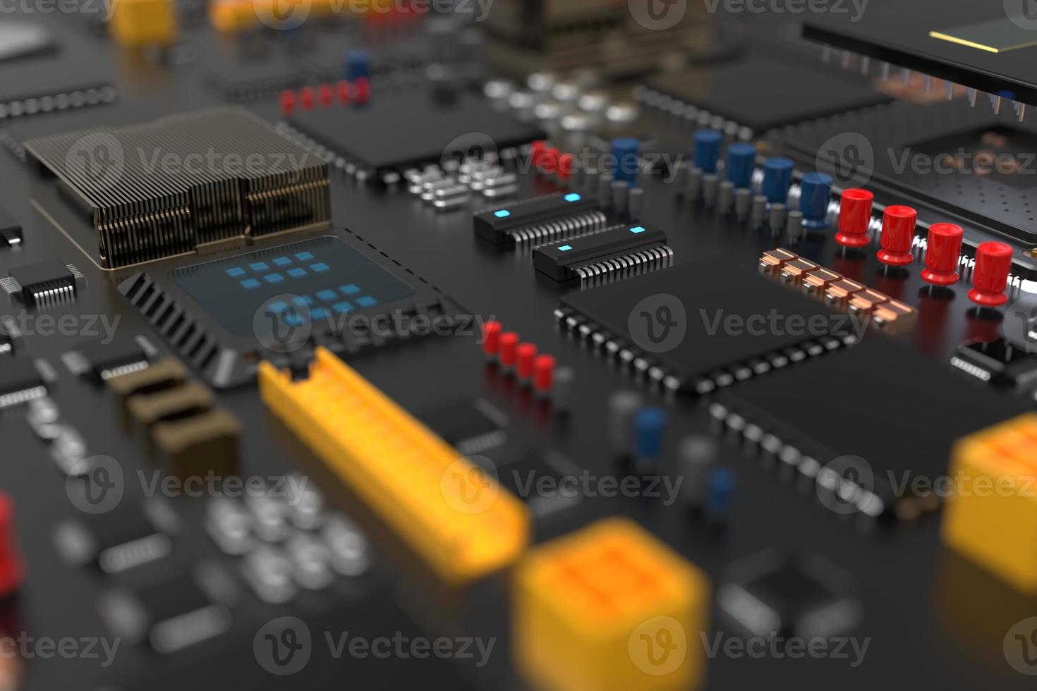 printed circuit board with microchips, processors and other computer parts. 3D render on the topic of technology and large computing power photo