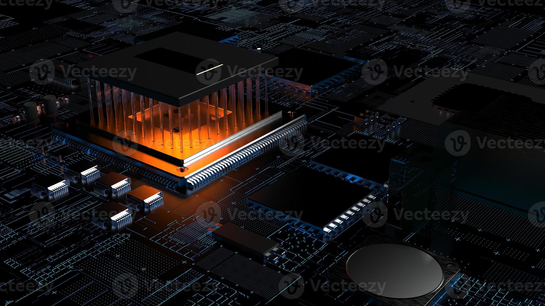 processor chip on a printed circuit board in red backlight. 3d illustration on the topic of technology and the power of artificial intelligence. photo