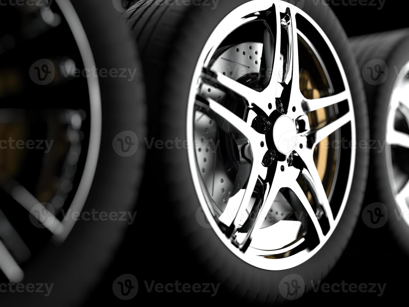 auto wheel with chrome disks close-up on a dark background. 3d render photo