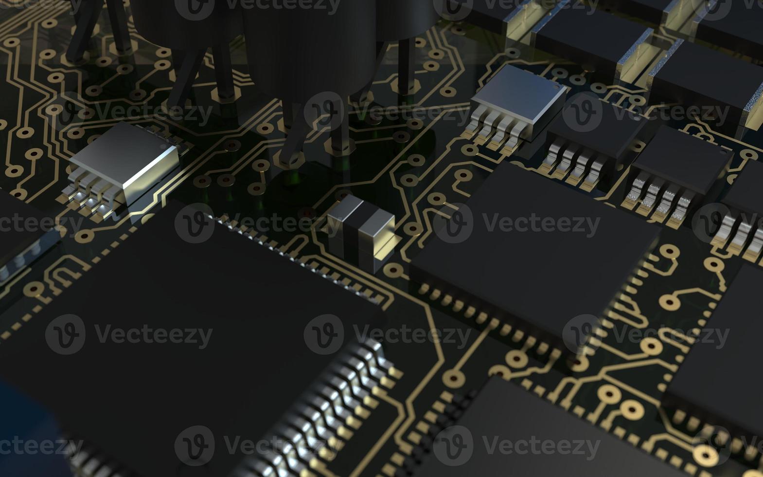 processor chip on a printed circuit board in red backlight. 3d illustration on the topic of technology and the power of artificial intelligence. photo