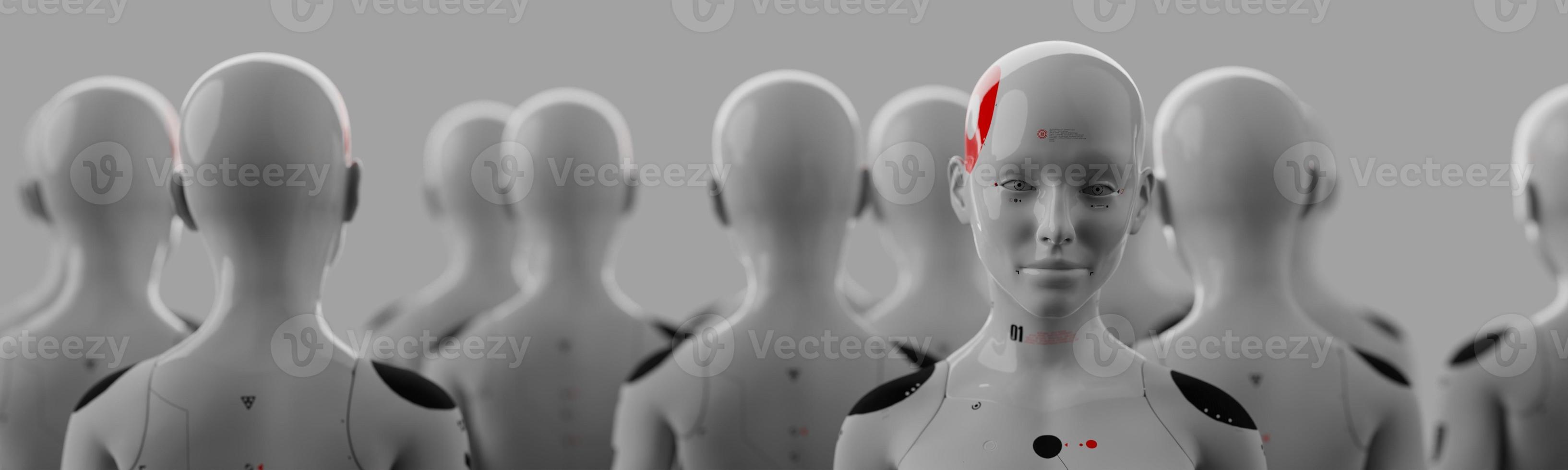 group of robots in female image standing in rows artificial intelligence and robotics concept photo