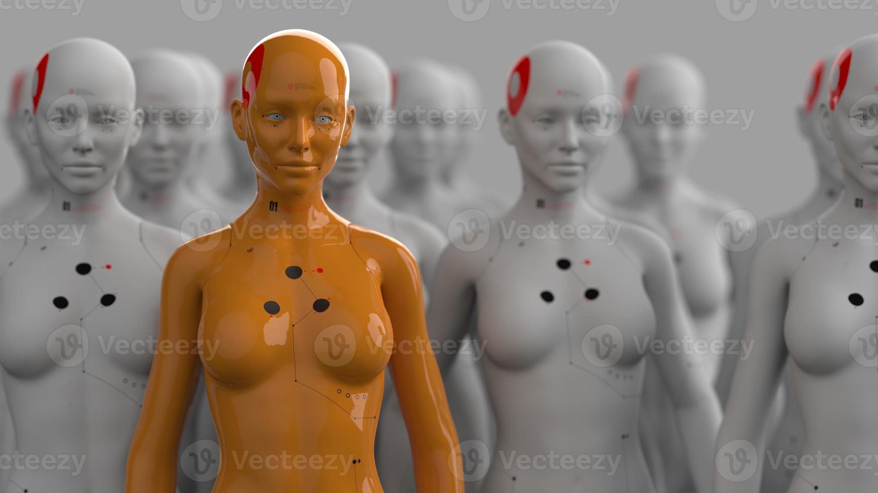 group of robots standing in rows industrial production concept photo