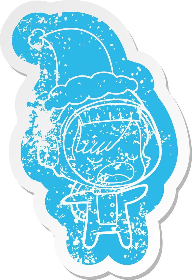 cartoon distressed sticker of a talking astronaut woman wearing santa hat vector