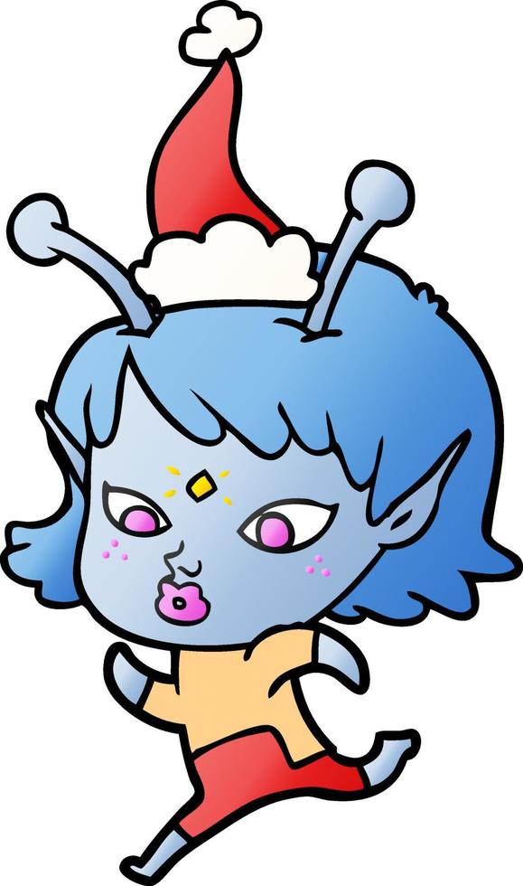 pretty gradient cartoon of a alien girl running wearing santa hat vector