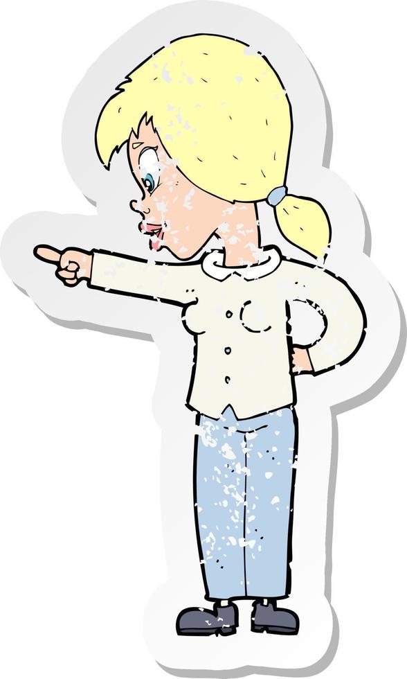 retro distressed sticker of a cartoon enthusiastic woman pointing vector