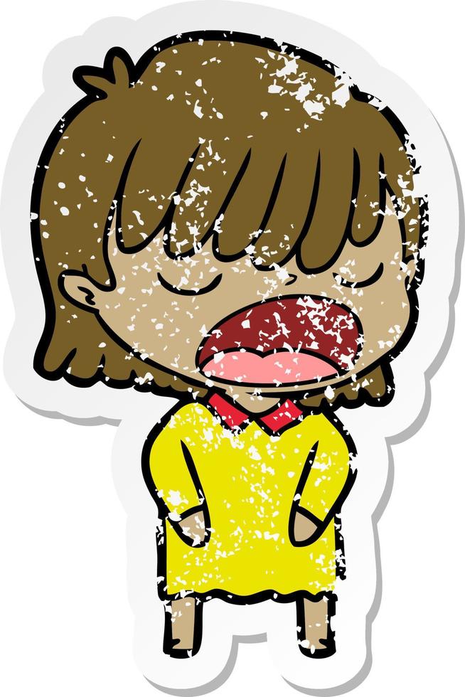 distressed sticker of a cartoon woman talking loudly vector