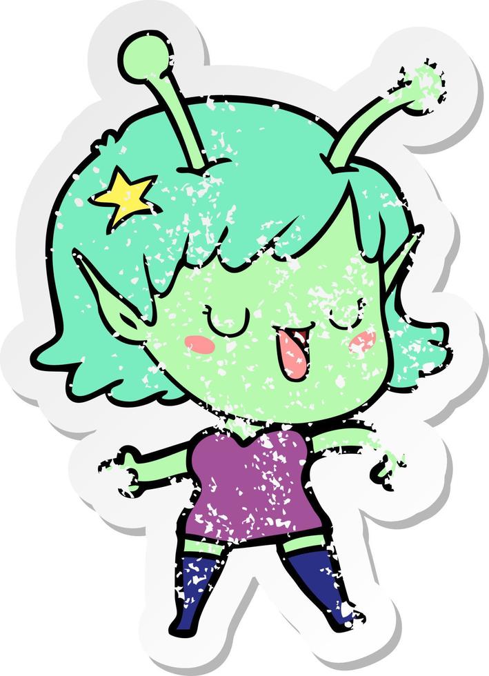 distressed sticker of a happy alien girl cartoon vector