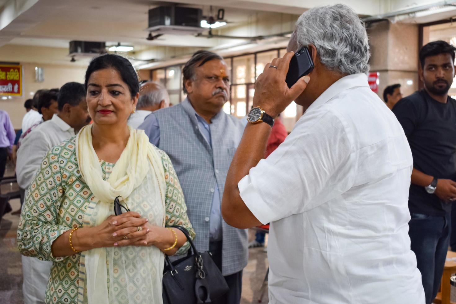 New Delhi, India, June 19 2022 - Ram Niwas Goel in white attire speaker in Delhi Legislative Assembly at Delhi Vidhansabha during Blood donation camp held at Balaji Temple, Vivek Vihar, Delhi, India photo
