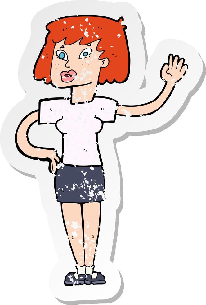 retro distressed sticker of a cartoon woman waving vector