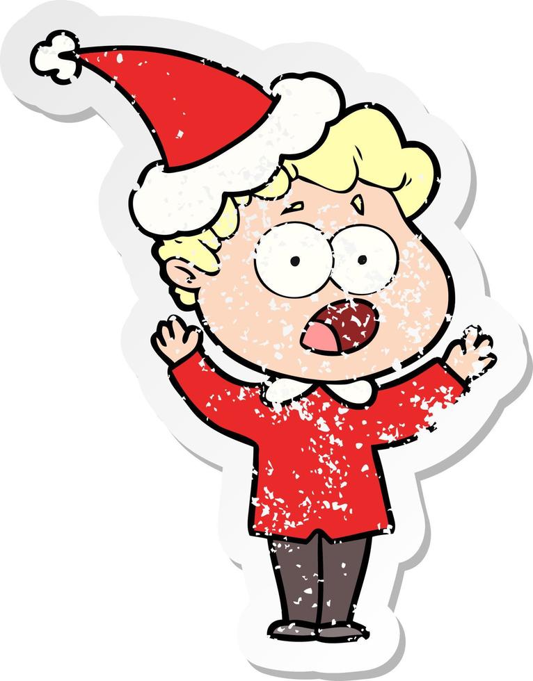distressed sticker cartoon of a man gasping in surprise wearing santa hat vector