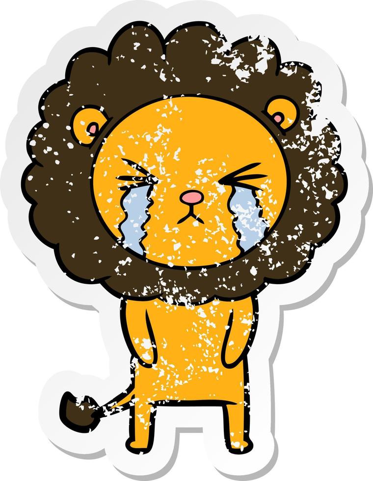 distressed sticker of a cartoon crying lion vector