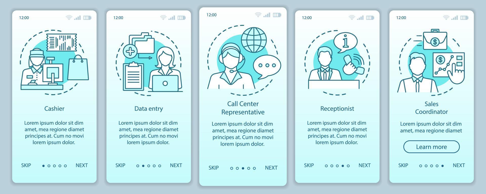 Finding part time jobs turquoise onboarding mobile app page screen vector template. Receptionist. Walkthrough website steps with linear illustrations. UX, UI, GUI smartphone interface concept