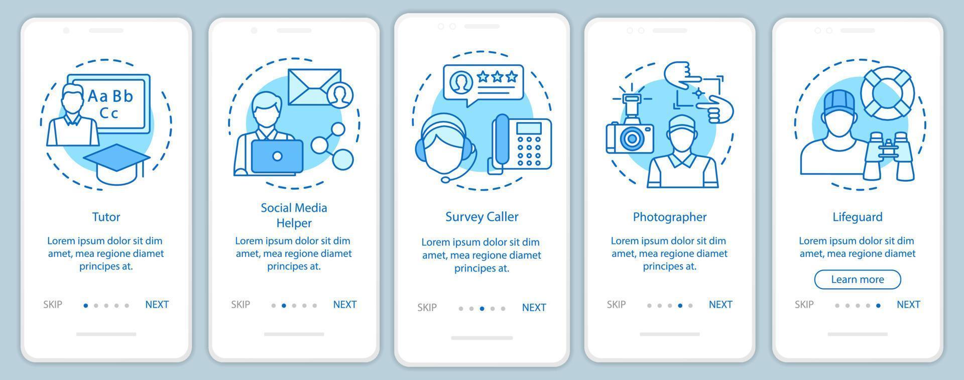 Part-time jobs blue onboarding mobile app page screen with linear concepts. Tutor, photographer, lifeguard. walkthrough steps graphic instructions. UX, UI, GUI vector template with illustrations