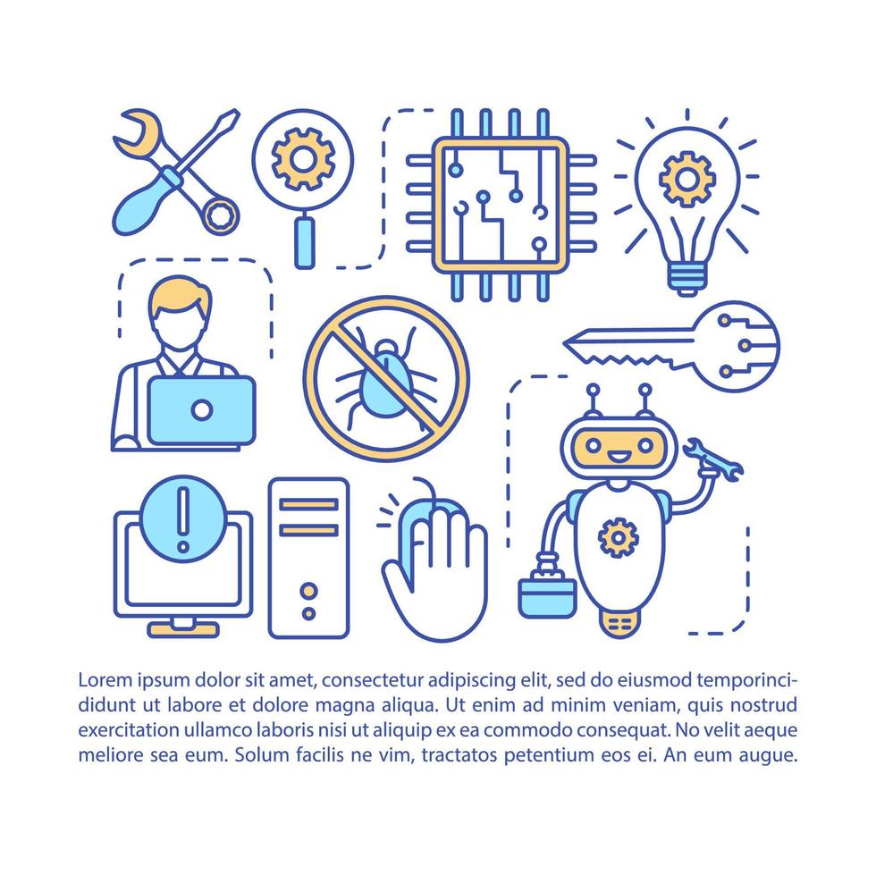 Computer repair article page vector template. PC fix and setup. Brochure, magazine, booklet design element with linear icons and text boxes. Print design. Concept illustrations with text space