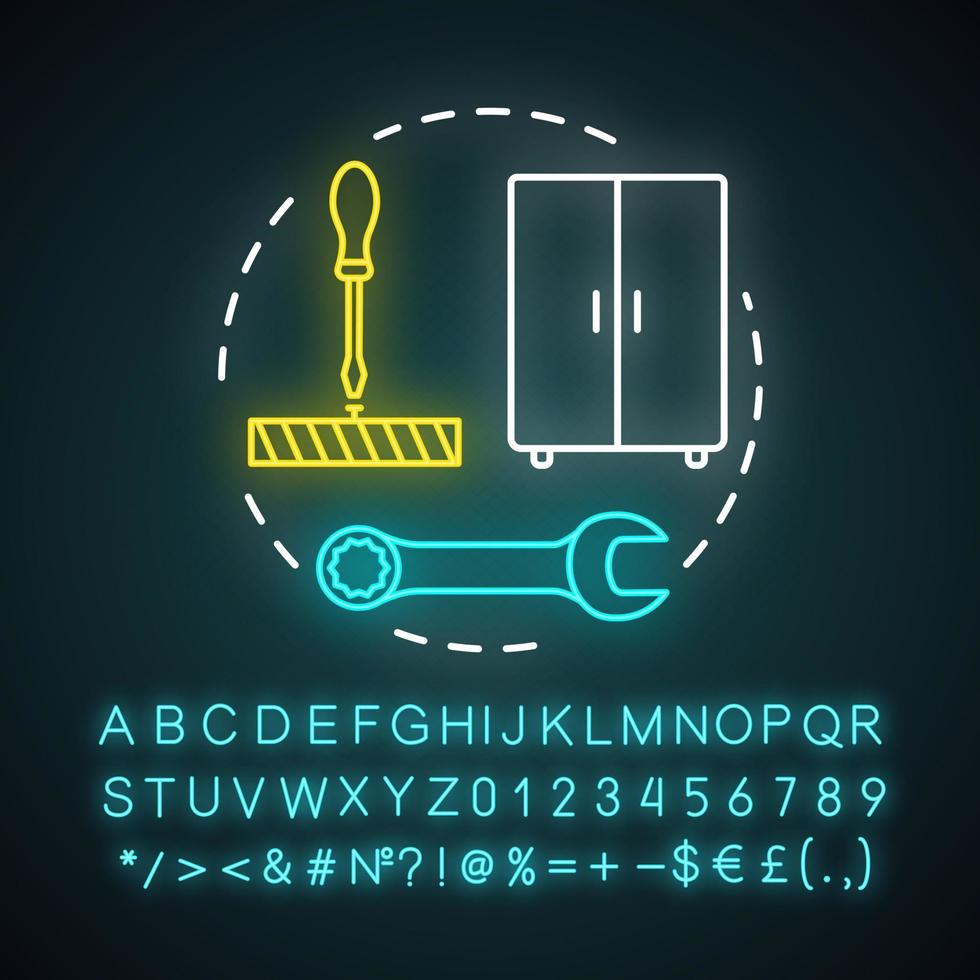 Furniture assembly neon light concept icon. Home service idea. Contractor repairman. Wooden cupboard installing. Glowing sign with alphabet, numbers and symbols. Vector isolated illustration