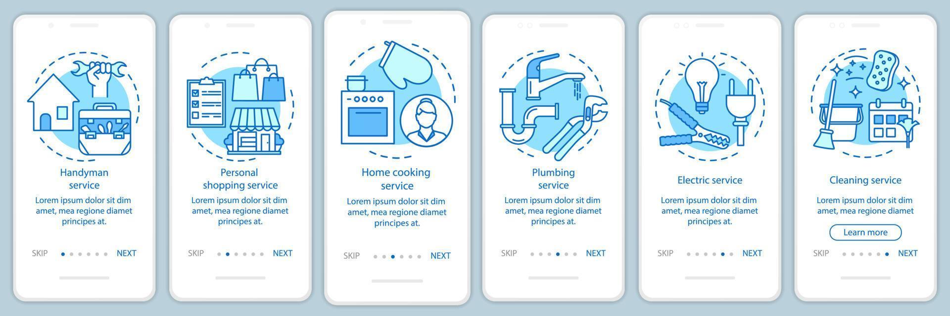 Home services onboarding mobile app page screen with linear concepts. Handyman service. Six walkthrough steps graphic instructions. Cleaning service. UX, UI, GUI vector template with illustrations