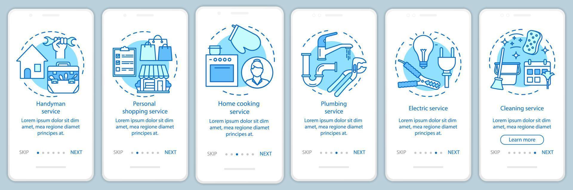 servicios para el hogar que incorporan la pantalla de la página de la aplicación móvil con conceptos lineales. servicio de manitas. instrucciones gráficas de seis pasos de recorrido. servicio de limpieza. ux, ui, plantilla vectorial gui con ilustraciones vector