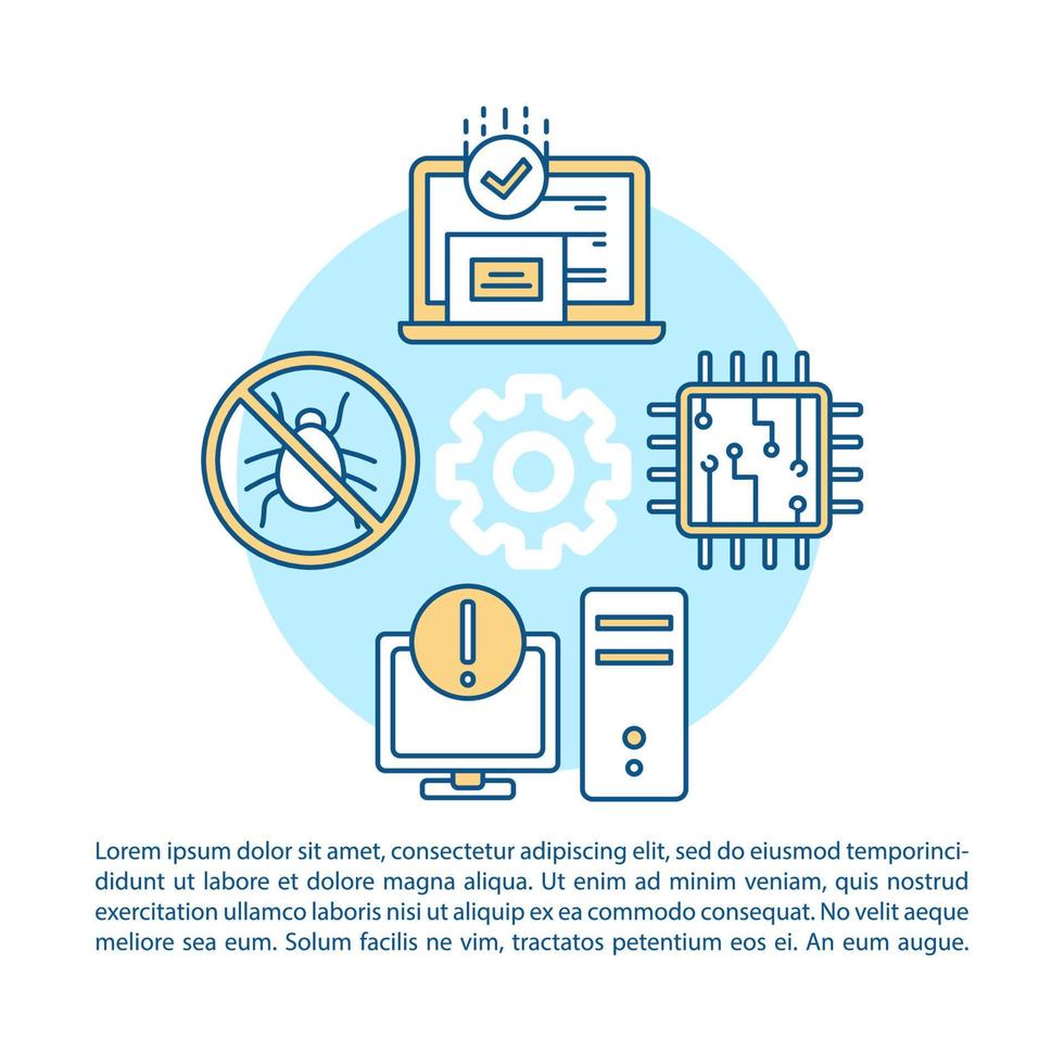 Computer repair article page vector template. PC software installation. Brochure, magazine, booklet design element with linear icons and text boxes. Print design. Concept illustrations with text space