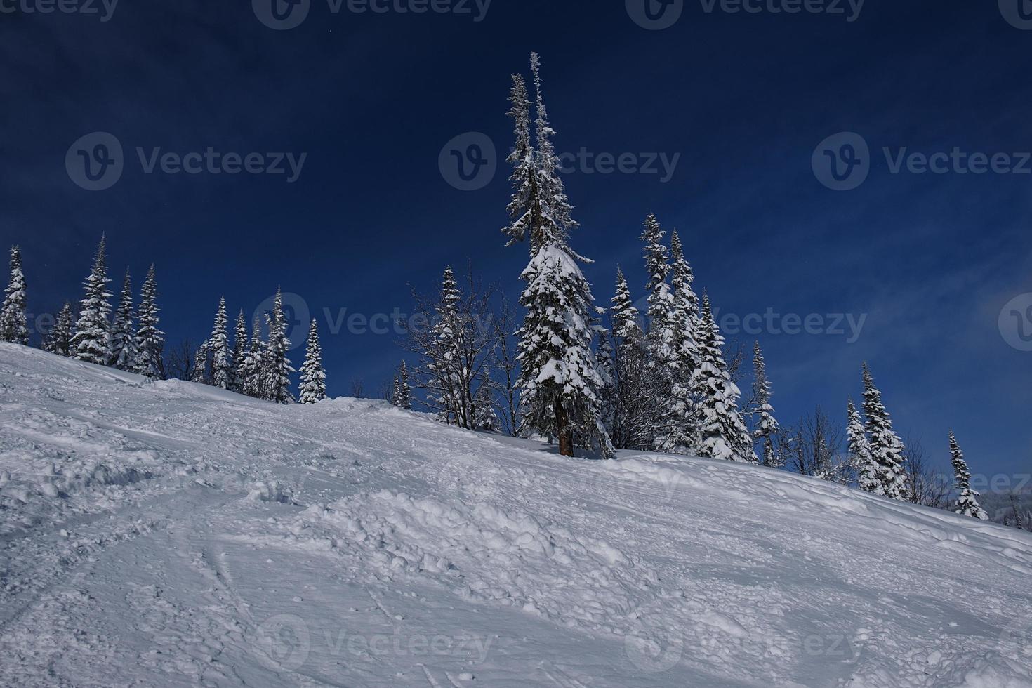 soleada mañana de invierno en las montañas de sheregesh en la pista de esquí foto