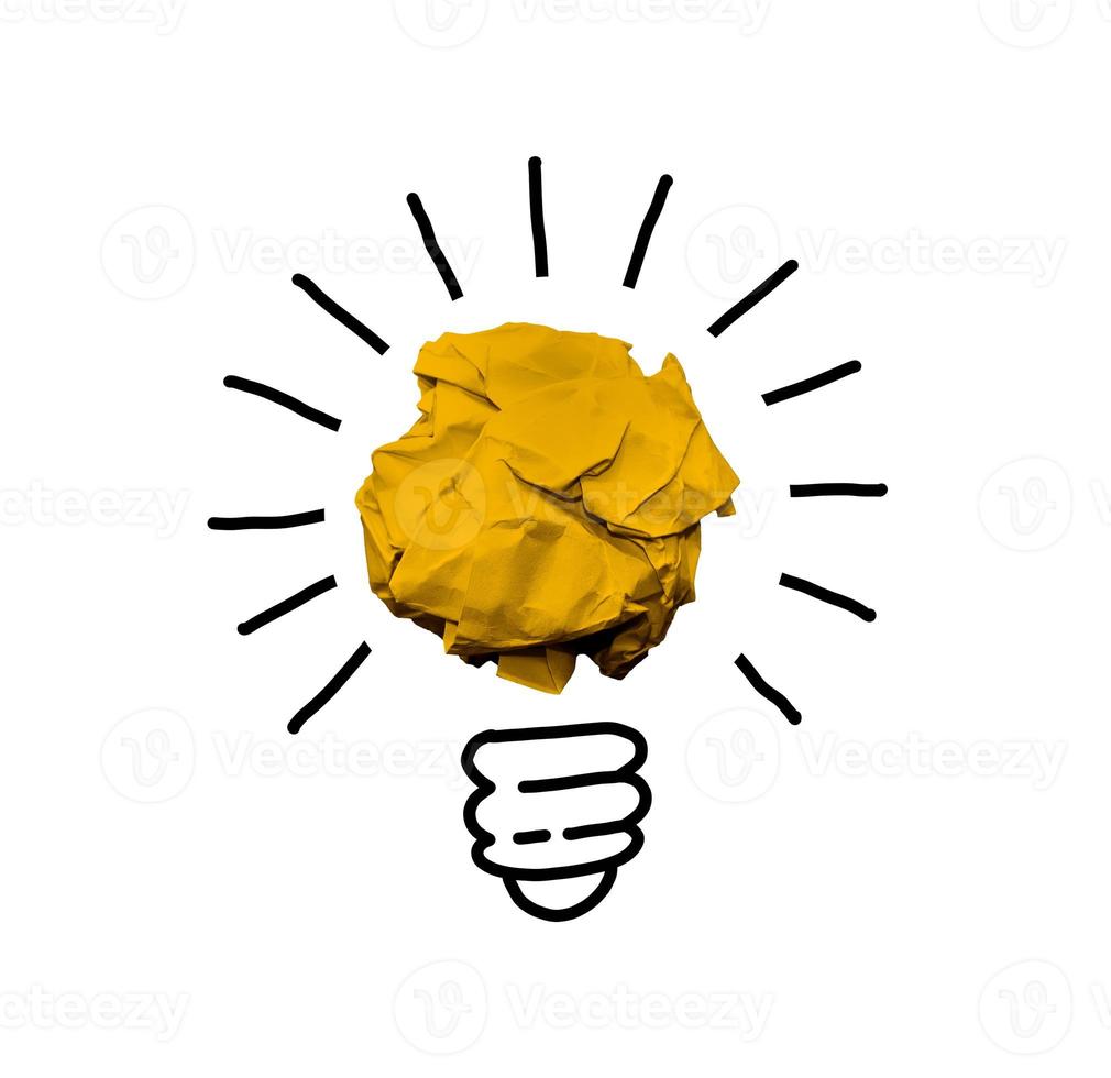 Good idea sign concept with paper light bulb isolated in white background. Crumpled paper ball with hand drawin photo