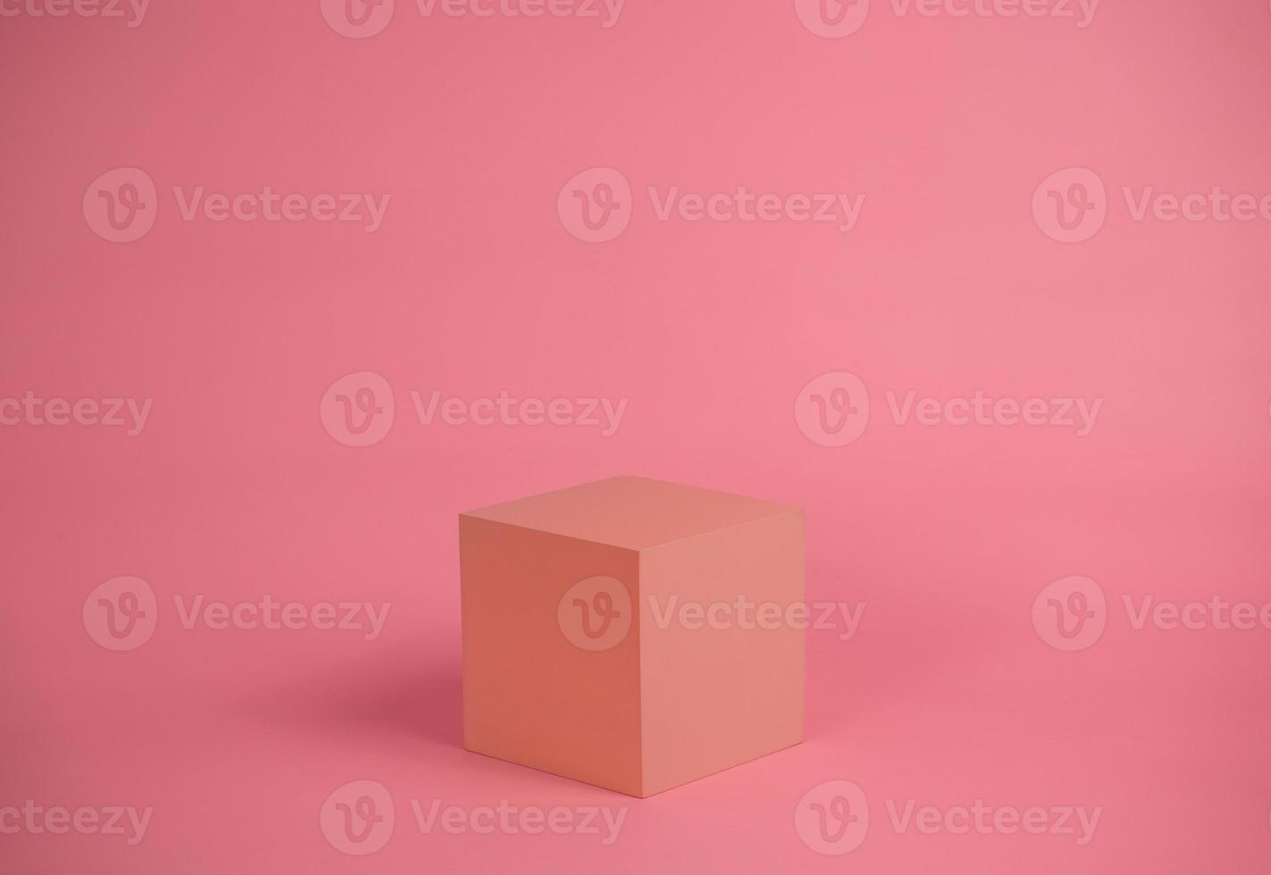 Empty podium for display cosmetic product. Platform arrangement in pink pastel color in trendy minimalist style. Composition of cylinders and cubes layout for feminine background photo