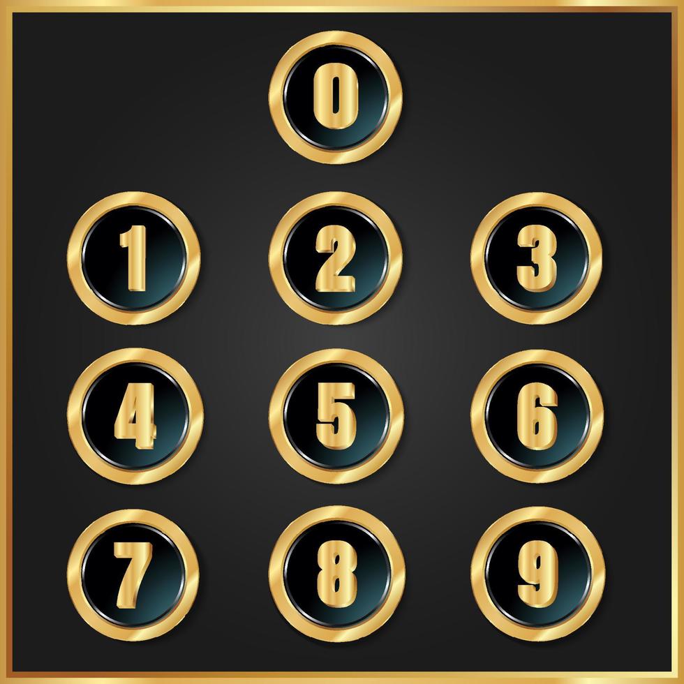 Black and gold shiny number button, vector set circle number