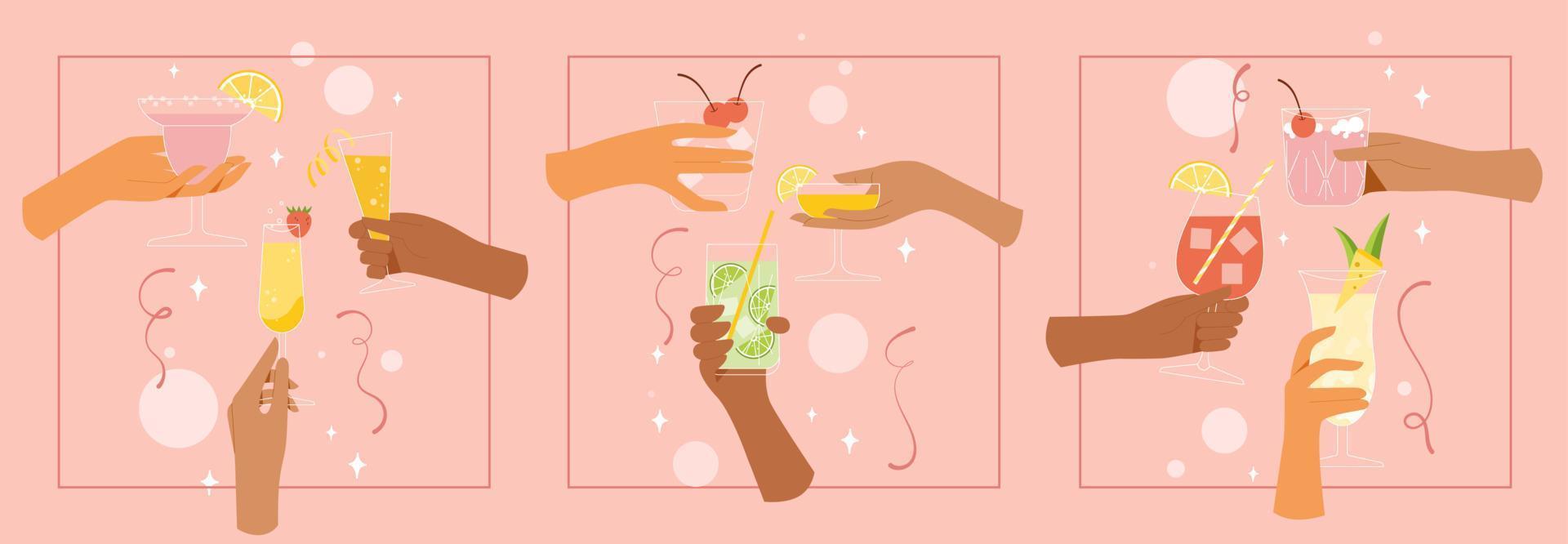Hand holding cocktail greeting and drinking a toast. Set glasses with alcohol. vector