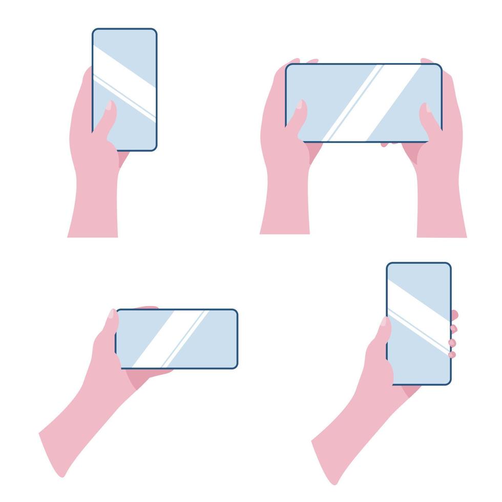 various hand holding mobile phone on vertical and horizontal vector