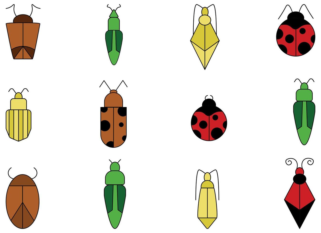 conjunto de ilustraciones vectoriales de insectos planos. conjunto de ilustración de errores de contorno negro. iconos vectoriales en blanco y negro de diferentes insectos vector