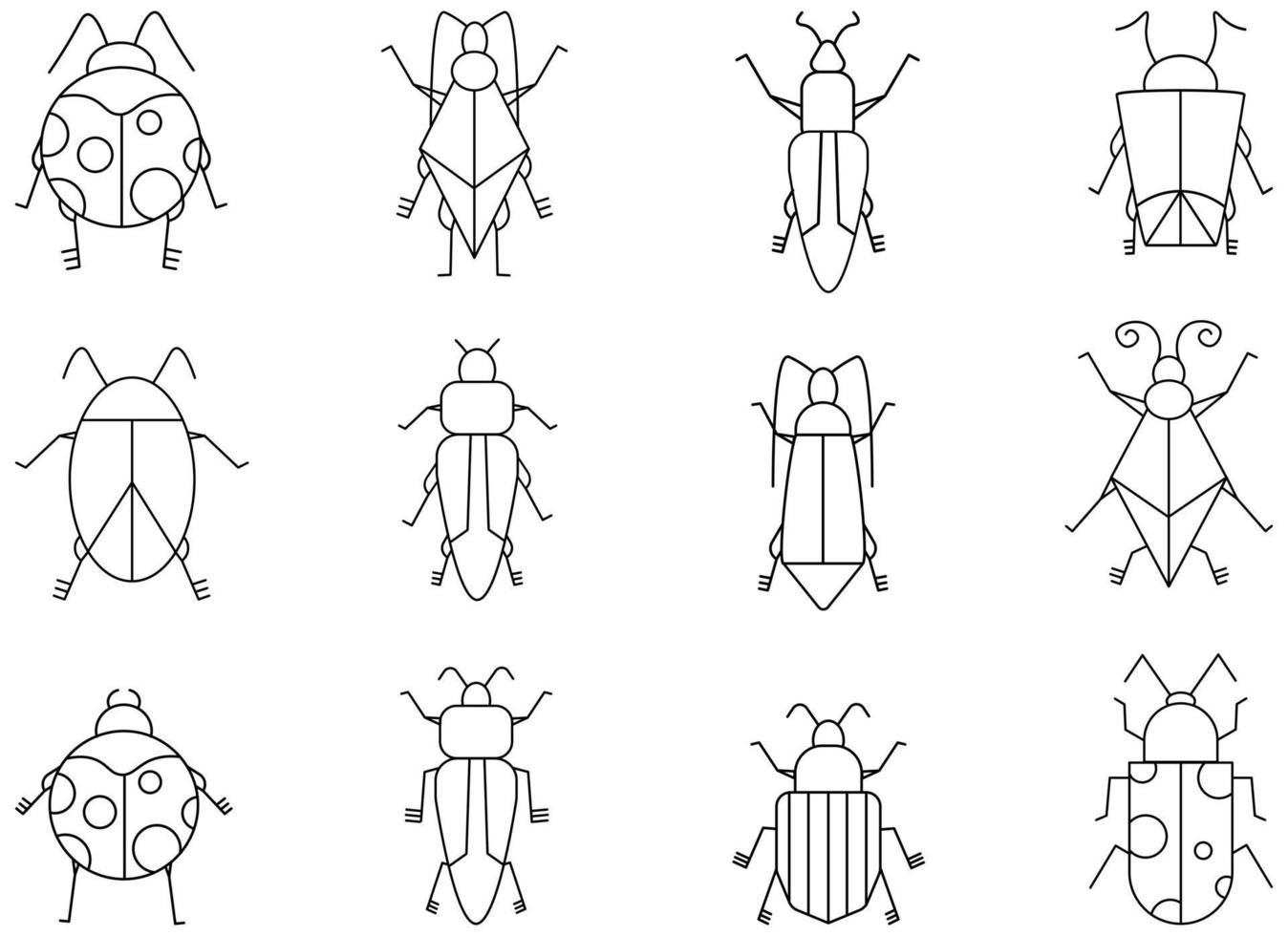 conjunto de ilustraciones vectoriales de insectos planos. conjunto de ilustración de errores de contorno negro. iconos vectoriales en blanco y negro de diferentes insectos vector