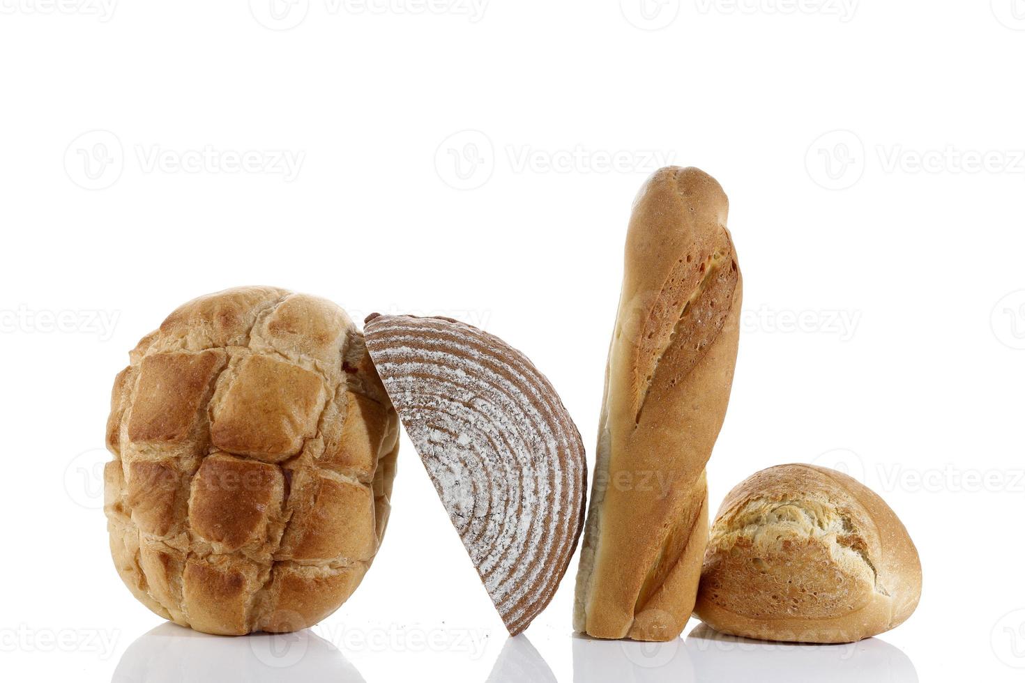 Various Rustic Bread, Sourdough, Baguette, Boule Isolated on White. photo