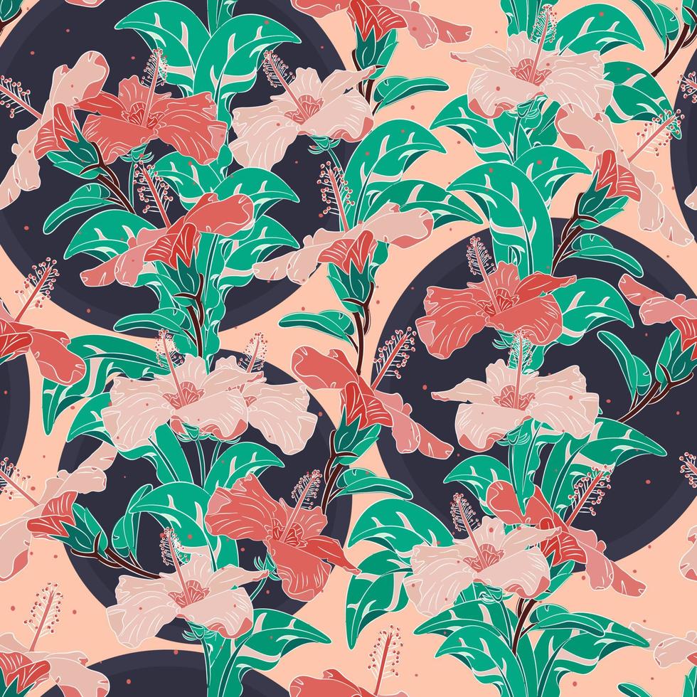 Hibiscus flowers with jungle foliage arranged pattern with an elegant feel. Seamless pattern. Great for scrap-booking, gift-wrap, wallpaper, product design projects. Surface pattern design - Vector