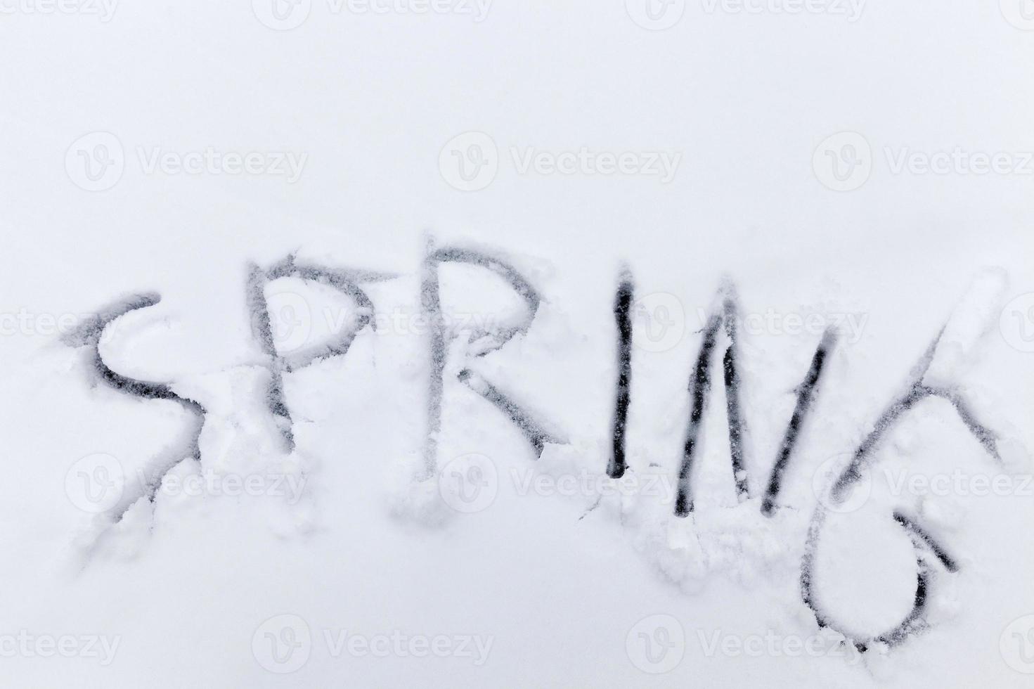 the words spring drawn on the snow photo