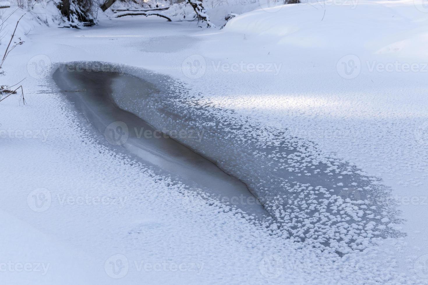 a small river whose water is frozen in winter photo