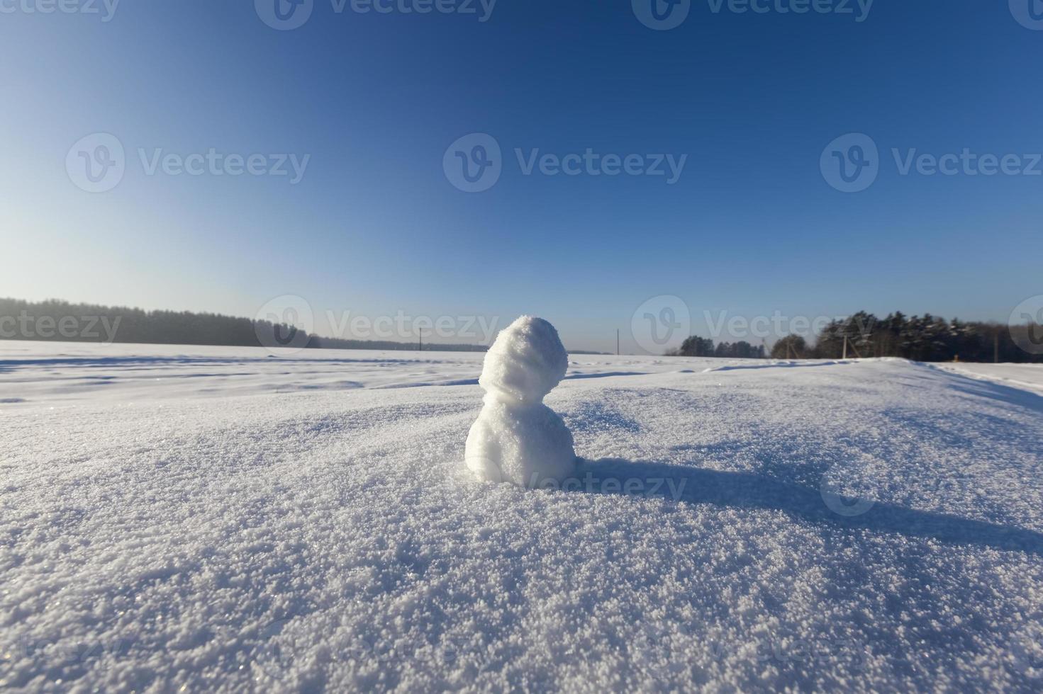 one small snowman in the winter season, close up photo