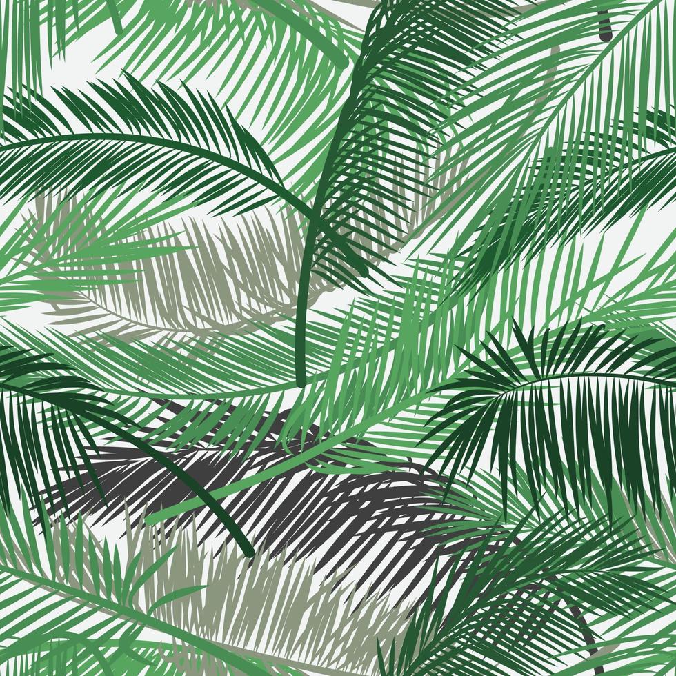 Vector background with two layers of tropical foliage. Palm leaves pattern. Seamless vector pattern for print design, wallpaper, site backgrounds, postcard, textile, fabric. Vector illustration.