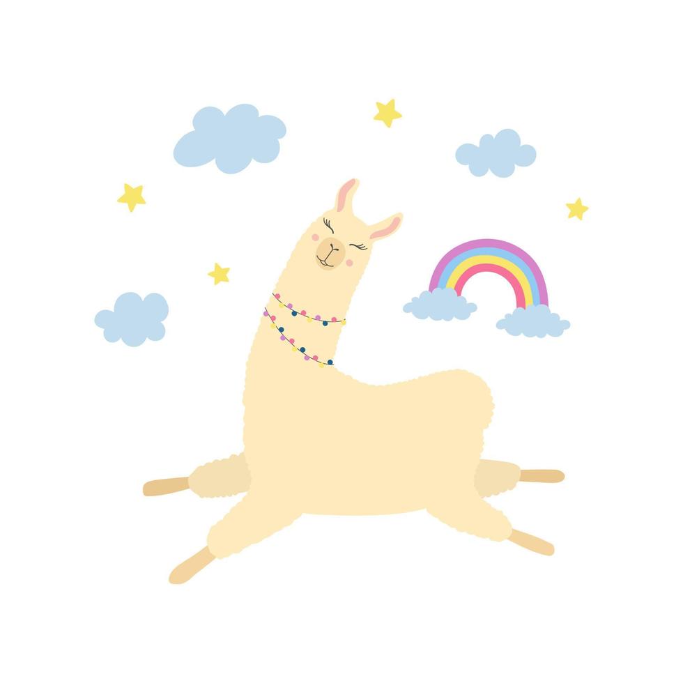 Cute llama flying in the sky. Cartoon alpaca, rainbow, stars and clouds. vector