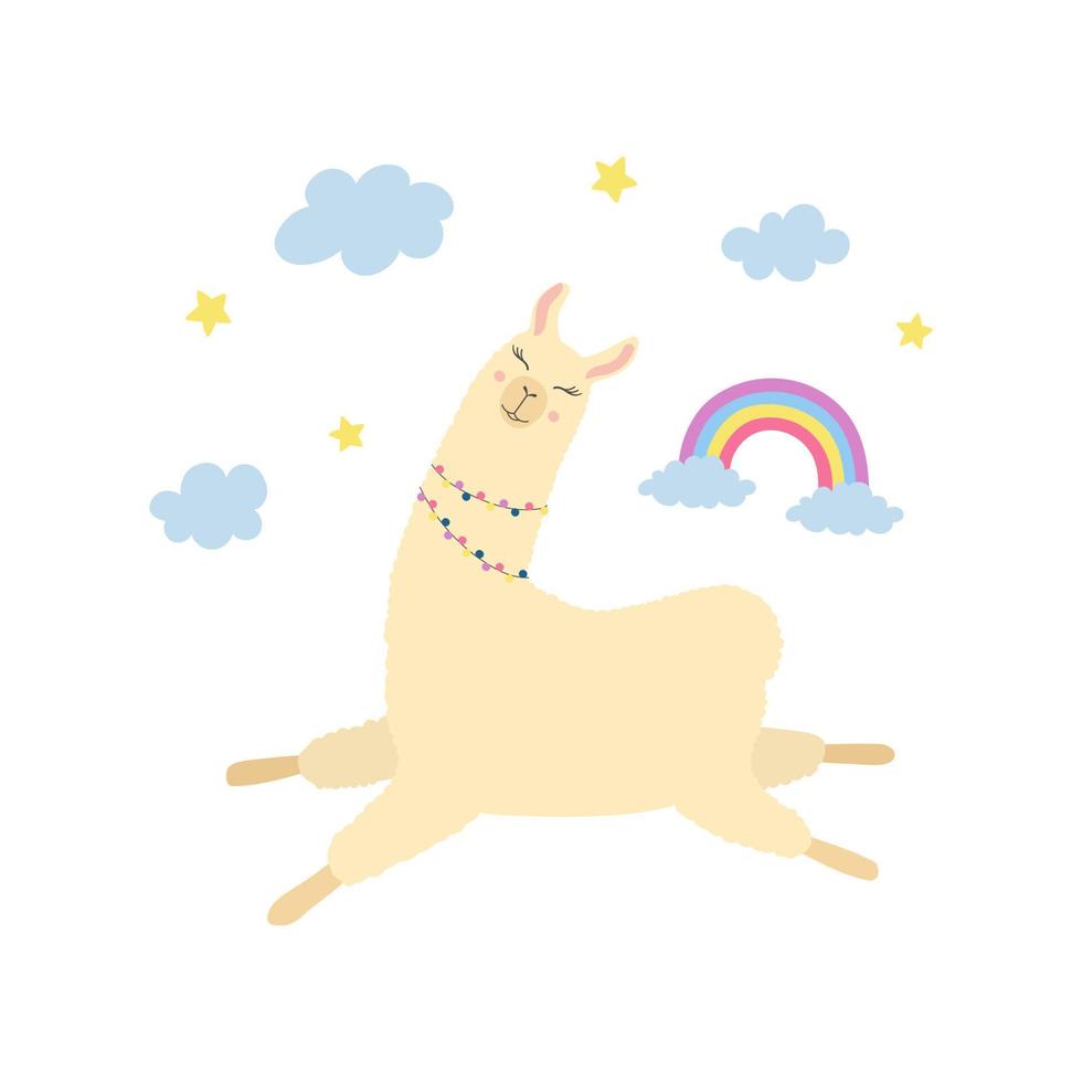 linda llama volando en el cielo. alpaca de dibujos animados, arco iris, estrellas y nubes. vector