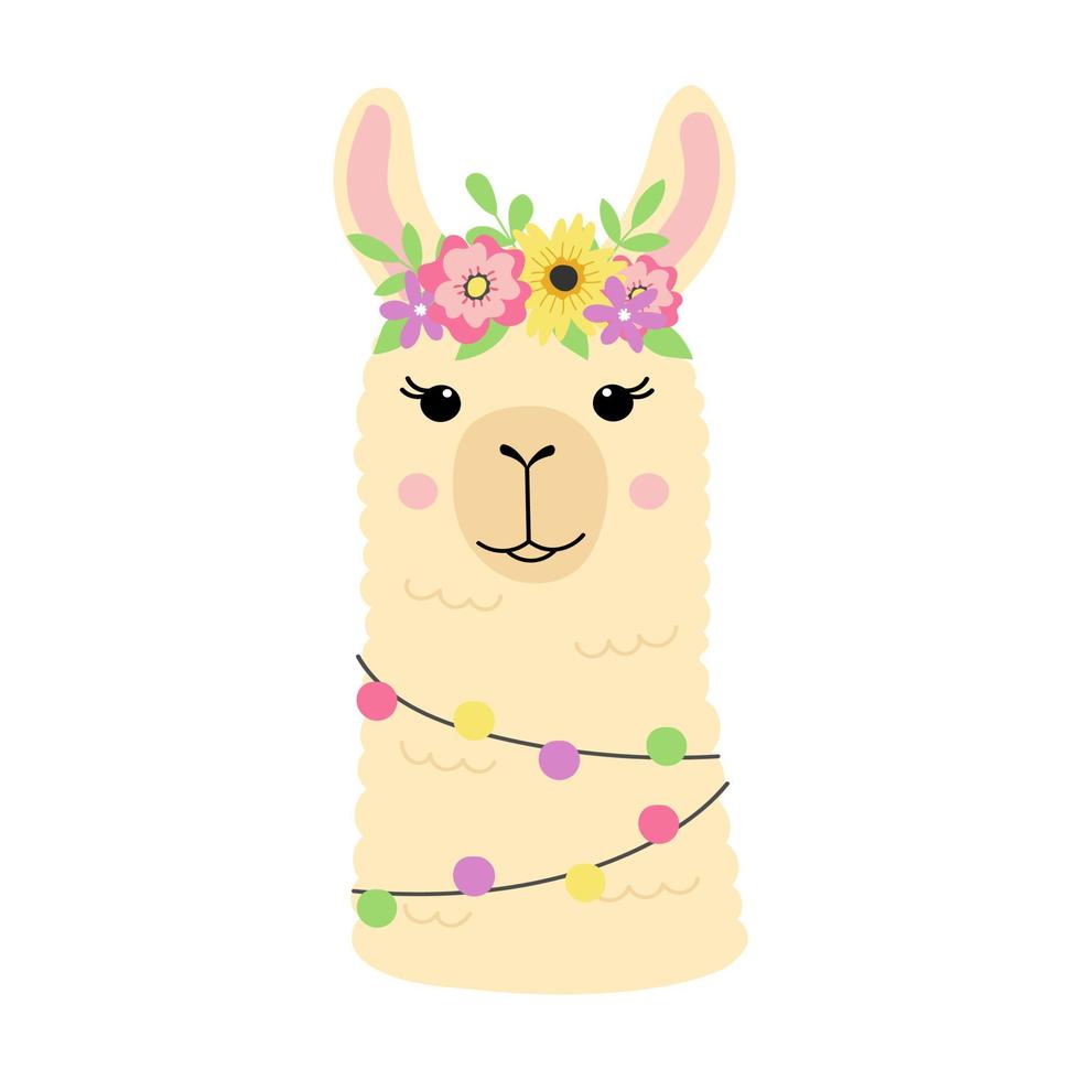 Cute llama head. Funny alpaca with flower crown. Template for nursery design, poster, stationery, birthday card, invitation, t shirt print, baby shower and party decor vector