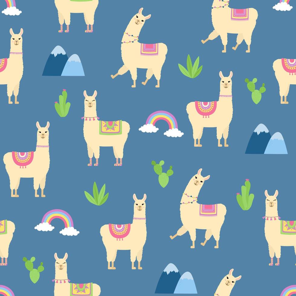 Cute llama seamless pattern. Cartoon alpaca, rainbow, cactuses and mountains on blue background. vector