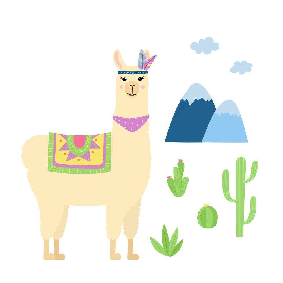 Cute llama standing. Cartoon alpaca, mountains and cactuses. Template for nursery design, poster, stationery, t shirt print vector