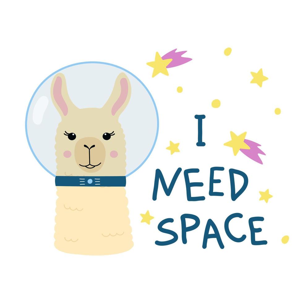 linda llama en el espacio. alpaca de dibujos animados en traje de astronauta, estrellas y texto dibujado a mano necesito espacio. vector