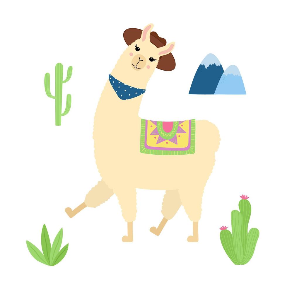 linda llama con sombrero caminando. caricatura de alpaca, montañas y cactus. plantilla para diseño de vivero, afiche, papelería, estampado de camisetas. vector